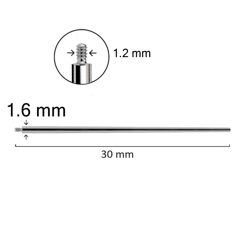 PIN Insertion de titanio ASTM F-136 para piercings roscado internamente 1.2/1.6mm