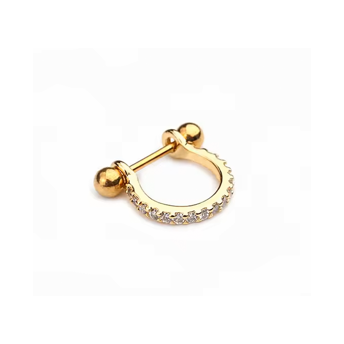 Anillo de Acero Quirúrgico Bañado en Oro con Cristales Premium Zirconia y Micro Barbell