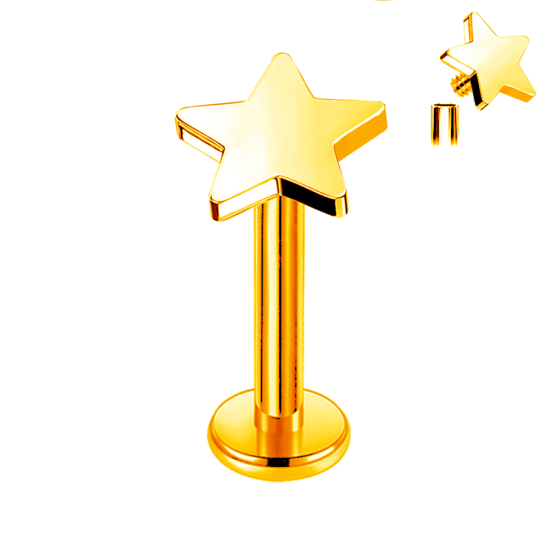 Labret de Titanio ASTM F136 Bañado en Oro con Rosca Interna tipo Estrella