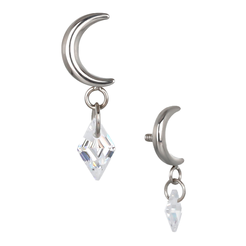 Pendiente de Titanio ASTM F136 con Rosca Interna estilo Media Luna con Cristal Colgante