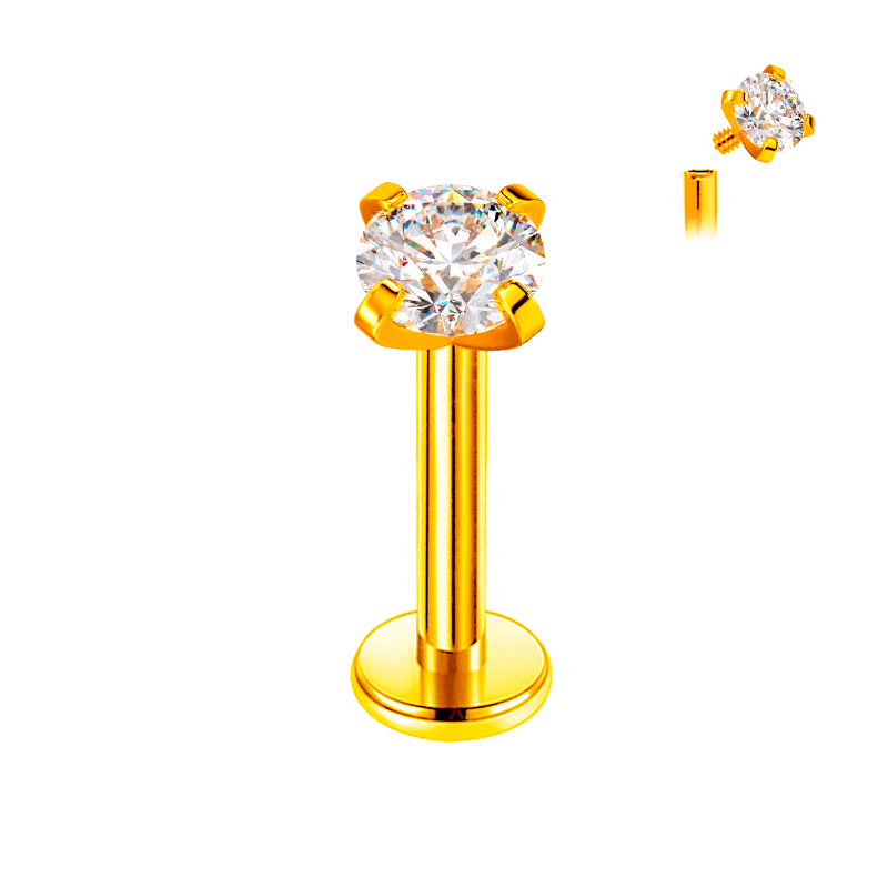 Labret de Titanio ASTM F136 Bañado en Oro con Cristal Premium Zirconia