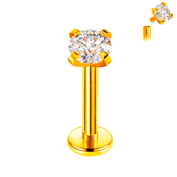 Labret de Titanio ASTM F136 Bañado en Oro con Cristal Premium Zirconia