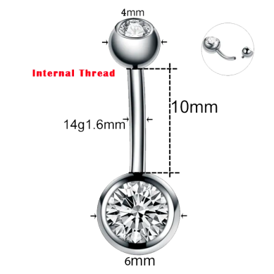 Piercing Titanio de Ombligo con Rosca Interna - 14G-1.6x10x4x6mm
