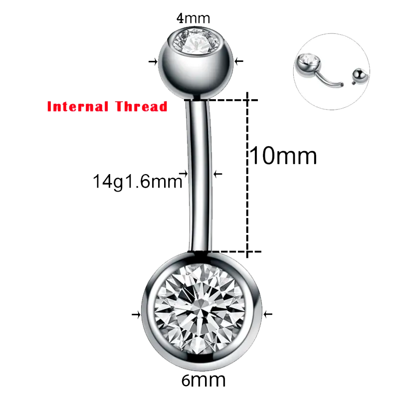 Piercing Titanio de Ombligo con Rosca Interna - 14G-1.6x10x4x6mm