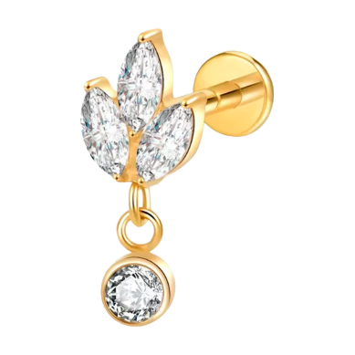Piercing para Oreja de Titanio ASTM F136 Bañado en Oro con Cristales Premium Zirconia tipo Flor con Colgante