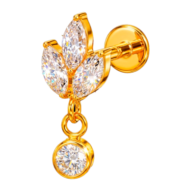 Piercing para Oreja de Titanio ASTM F136 Bañado en Oro con Cristales Premium Zirconia tipo Flor con Colgante