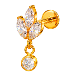 Piercing para Oreja de Titanio ASTM F136 Bañado en Oro con Cristales Premium Zirconia tipo Flor con Colgante