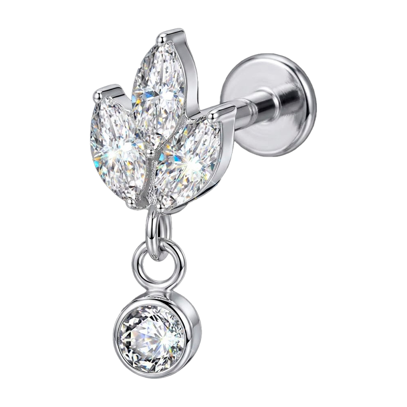 Piercing para Oreja de Titanio ASTM F136 con Cristales Premium Zirconia tipo Flor con Colgante