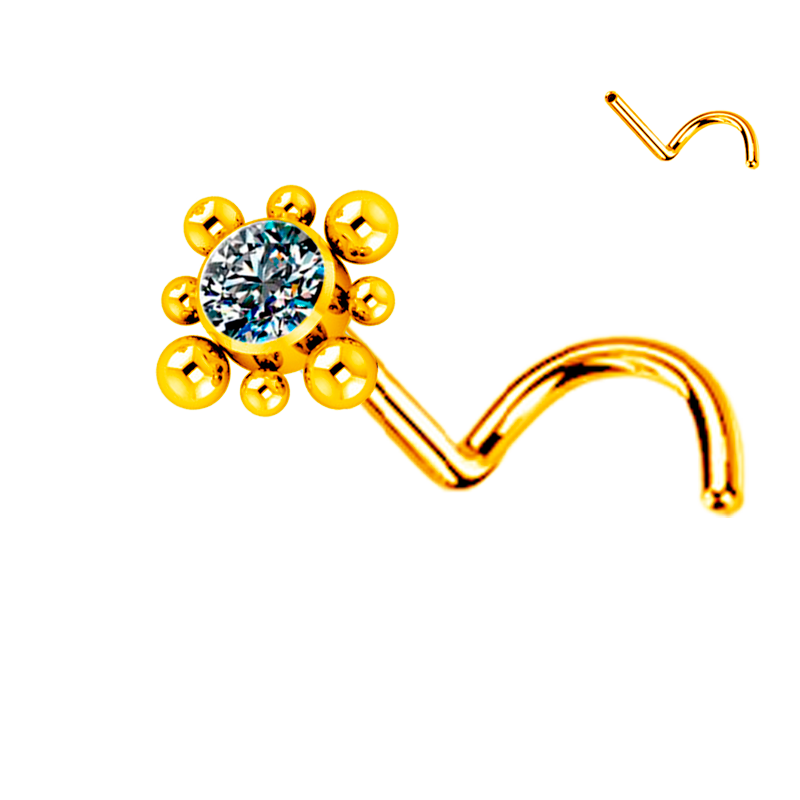 Piercing Nostril Titanio Astm F136 Bañado en Oro de Rosca Interna con Cristal Premium Zirconia y Bolitas